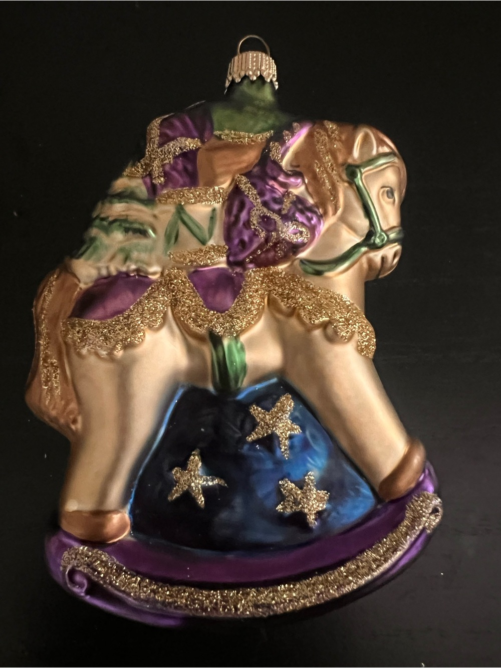 Vintage Krebs Glas Lauscha Glass Rocking Horse Ornament in Purple, Gold and Blue